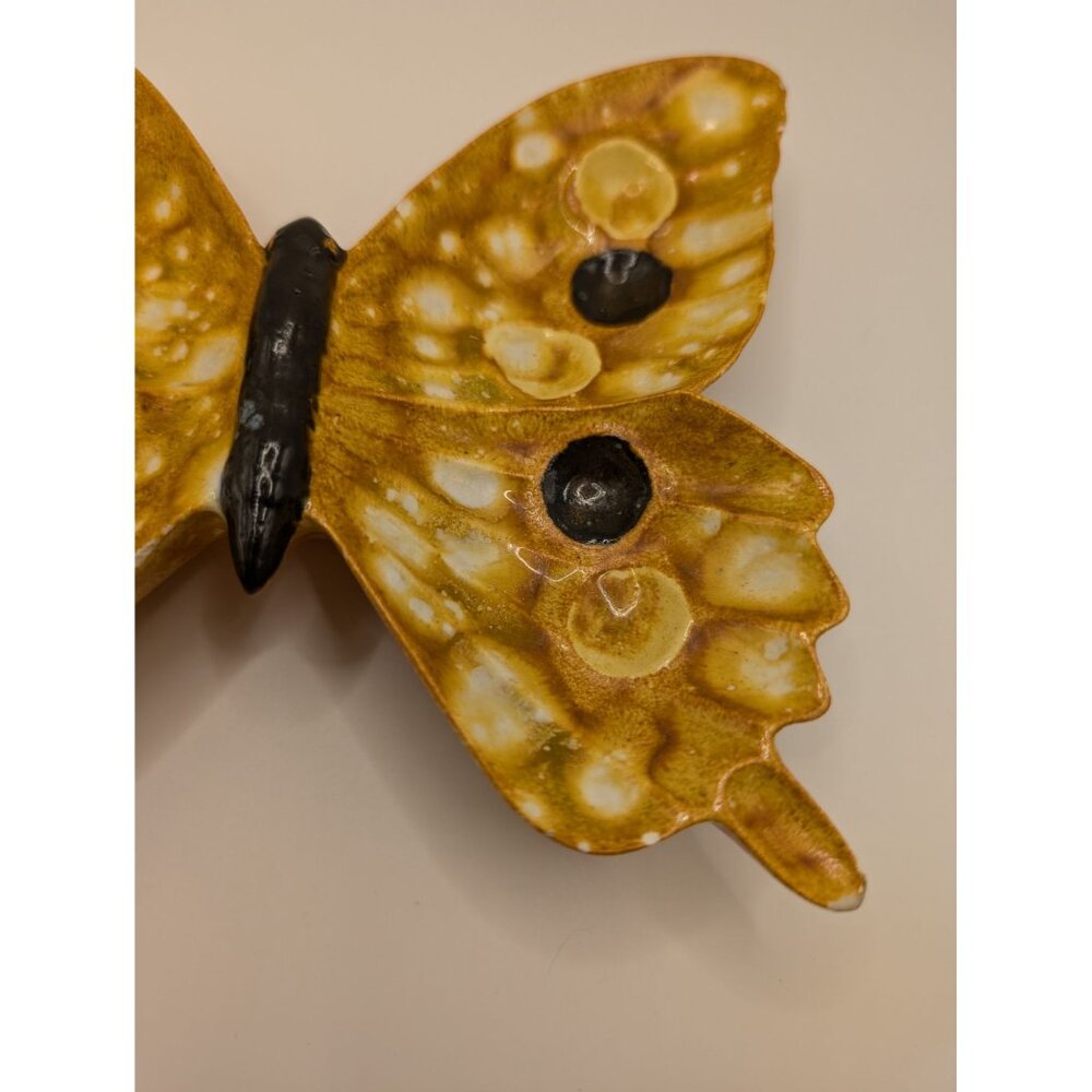 Handmade Pottery Butterfly Ashtray / Catch all Trinket 70s oranges yellow 6" - Picture 4 of 8